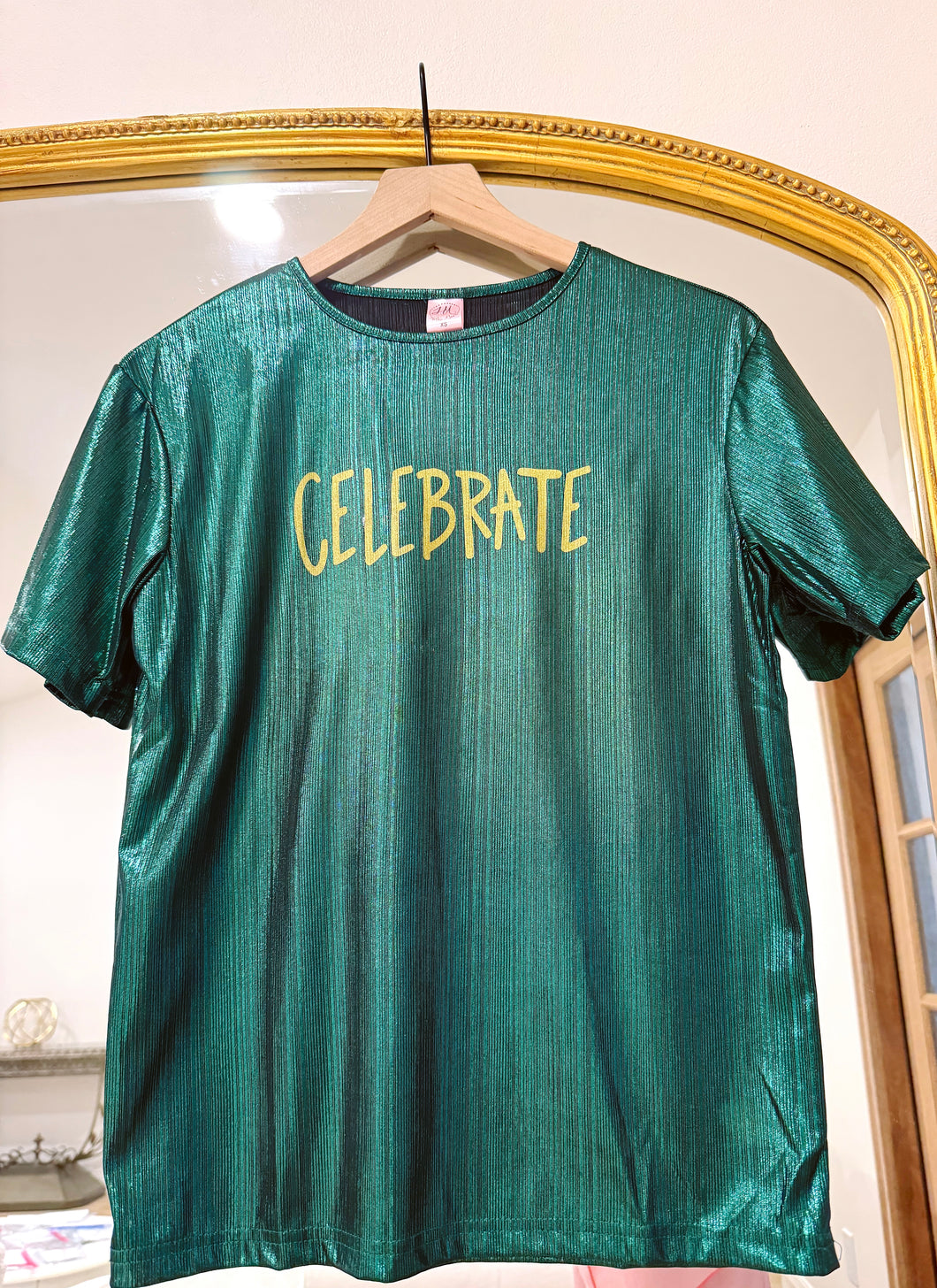 Green Tinsel Top “Celebrate”