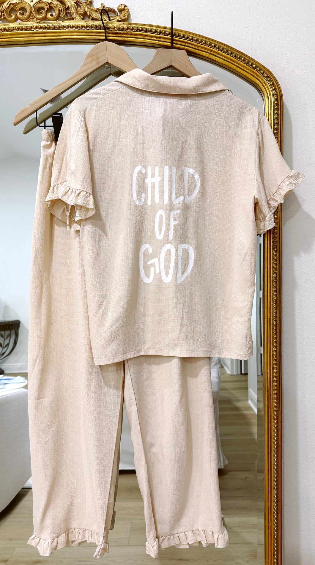 Cream “Child Of God” 2 Piece Ruffle PJ’s