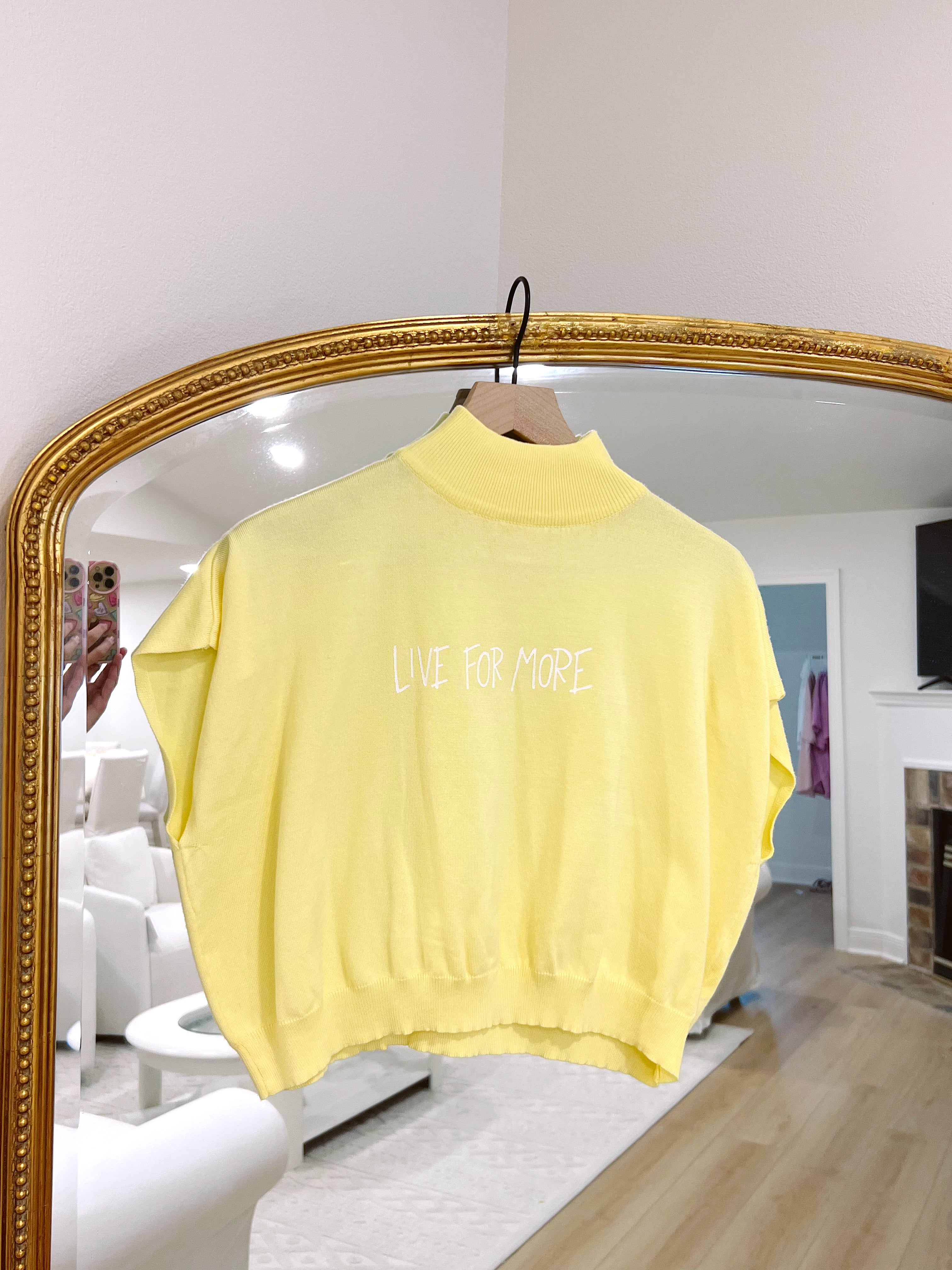 Cropped Mock Neck Sweater “Live for More" Yellow