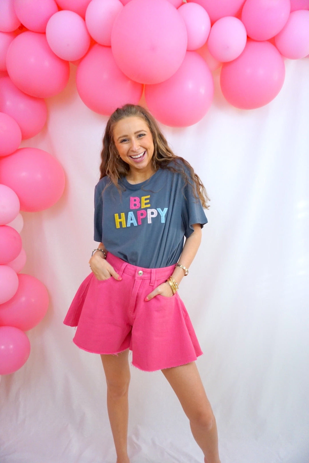 “Be Happy” Embroidered T-Shirt