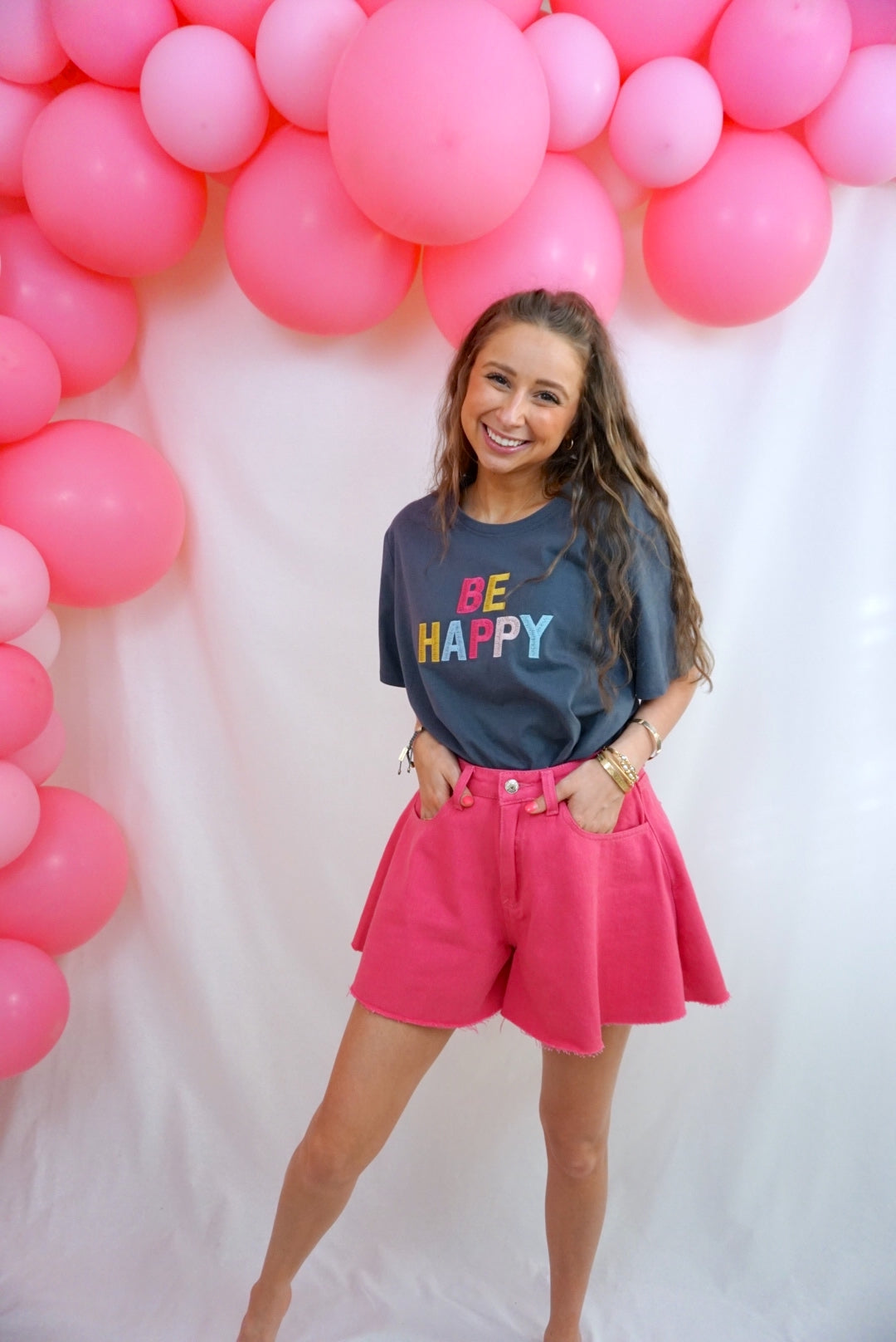 “Be Happy” Embroidered T-Shirt